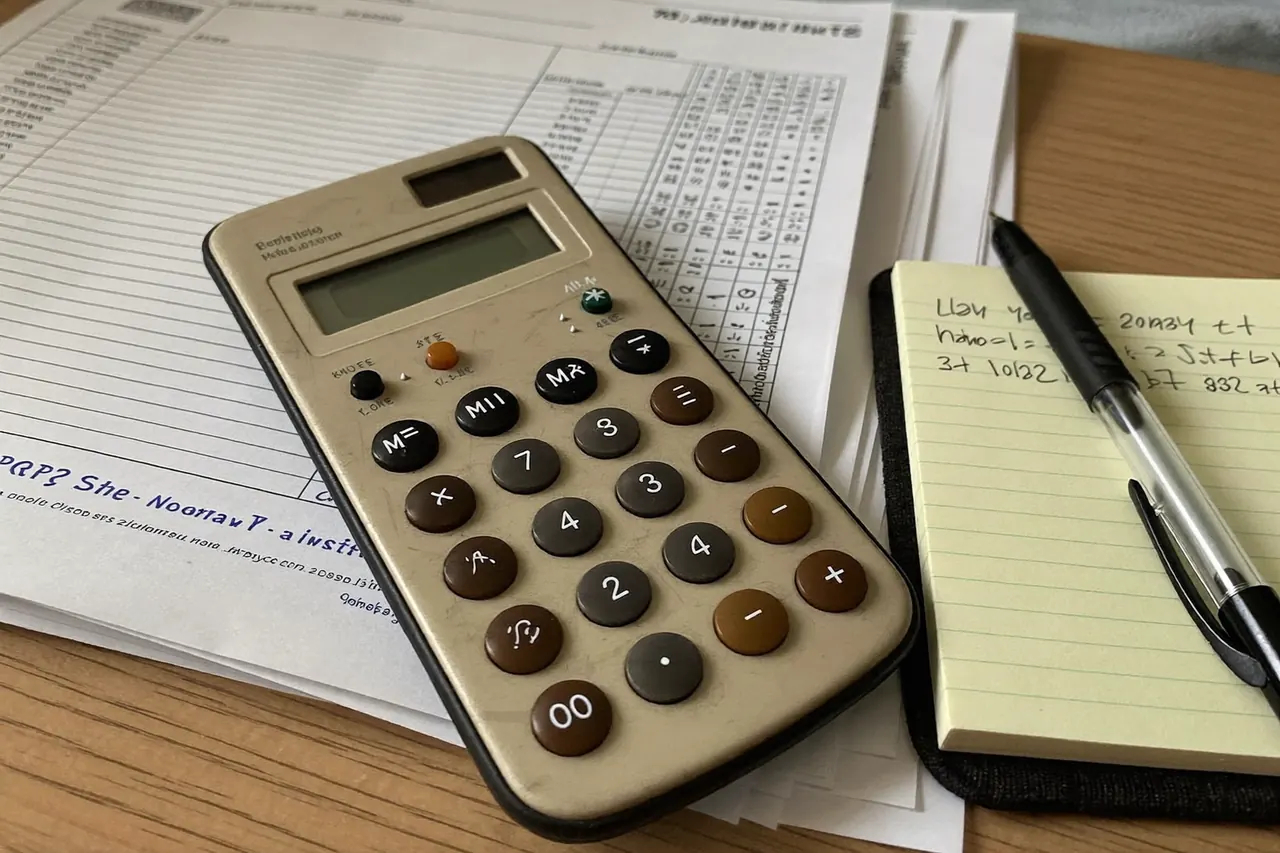 Calculator and quote paperwork spread out on a kitchen table