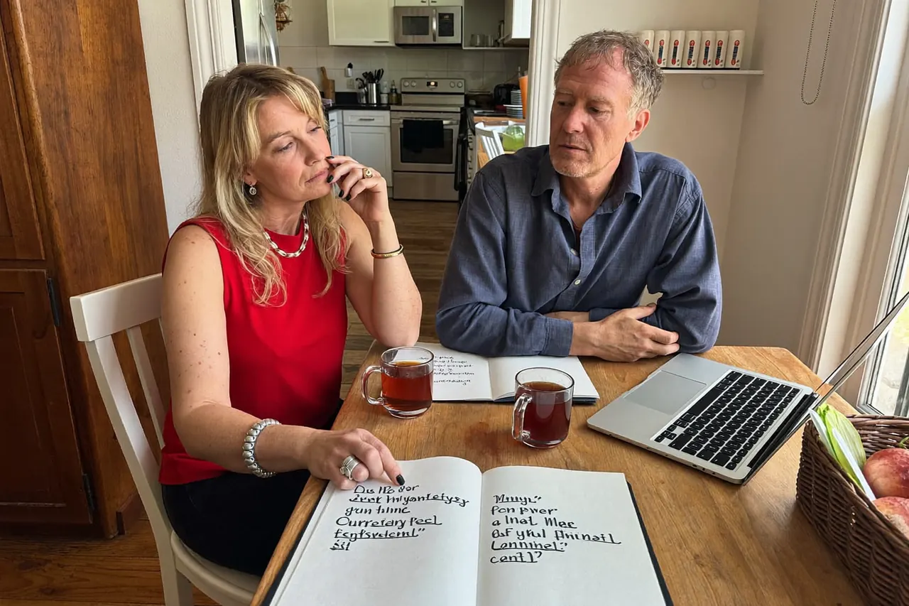 A couple at their kitchen table comparing double glazing prices on paper and a laptop