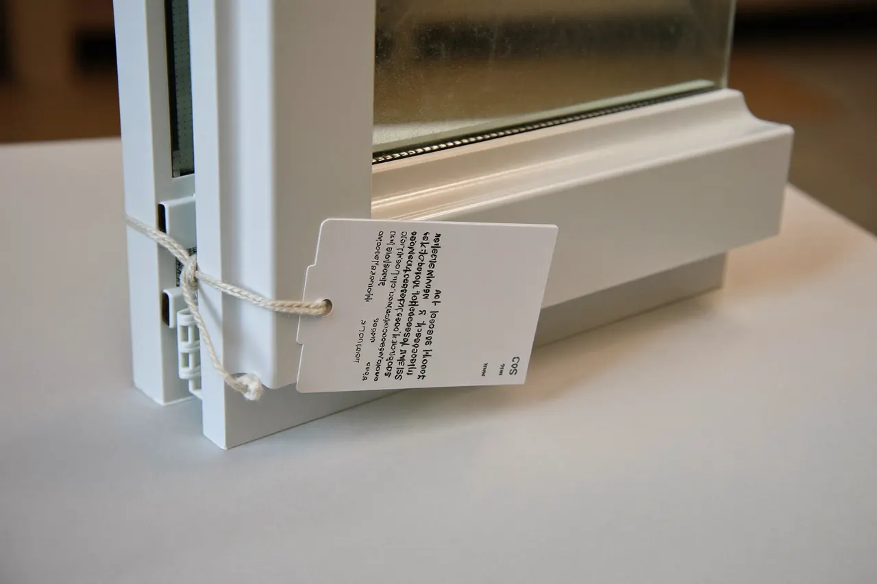 Double glazing corner sample with a paper price tag on a showroom bench