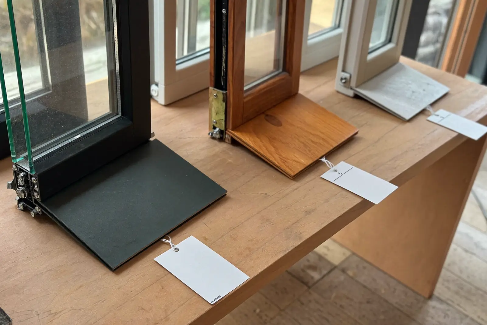 Price tags attached to double glazing corner samples on a display bench